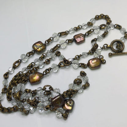 Vintage Stephen Dweck Bronze Pearl Crystal Long Toggle Necklace Used Japan
