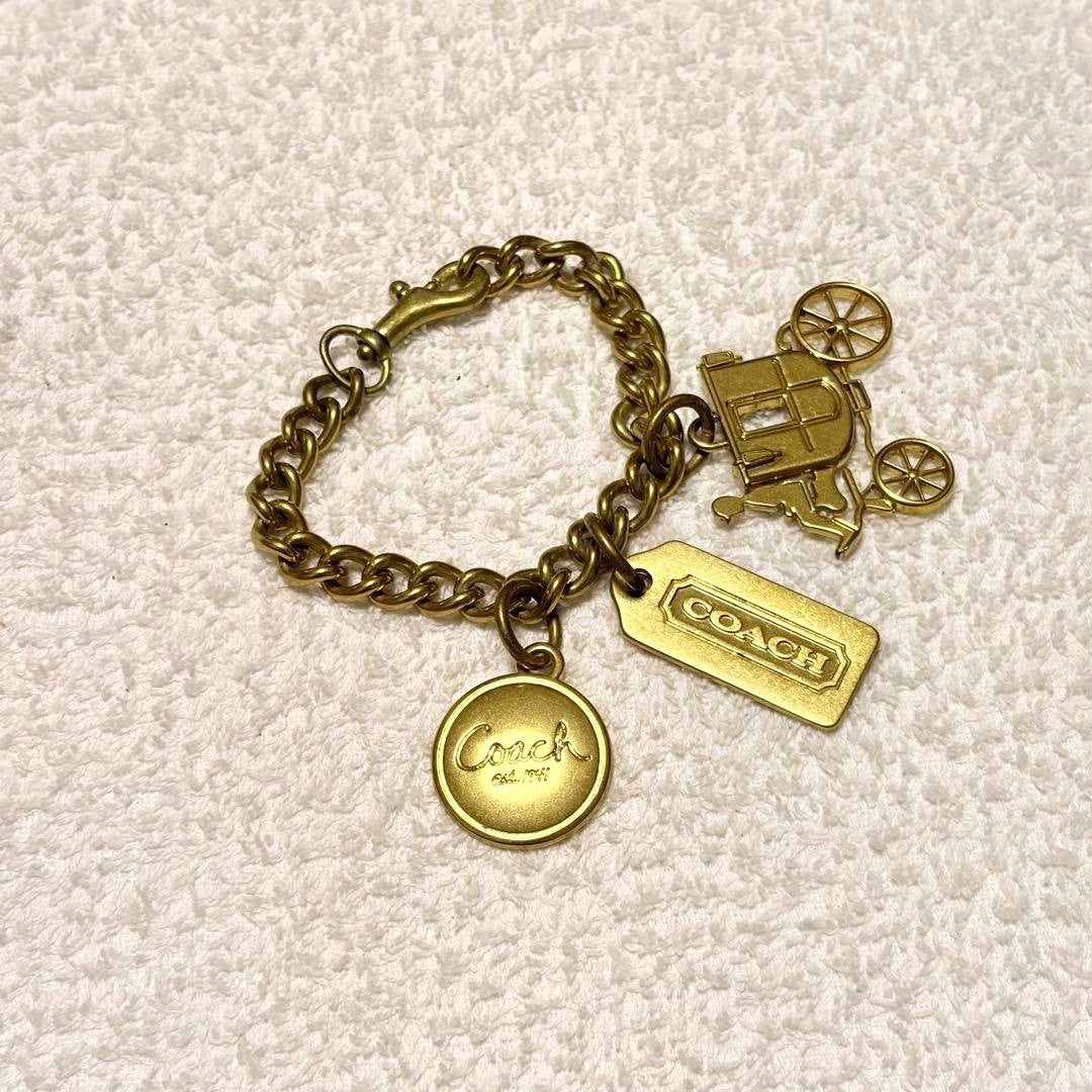 COACH Horse & Carriage Bag Charm Keychain Gold Tone Brass Chain Bracelet Style
