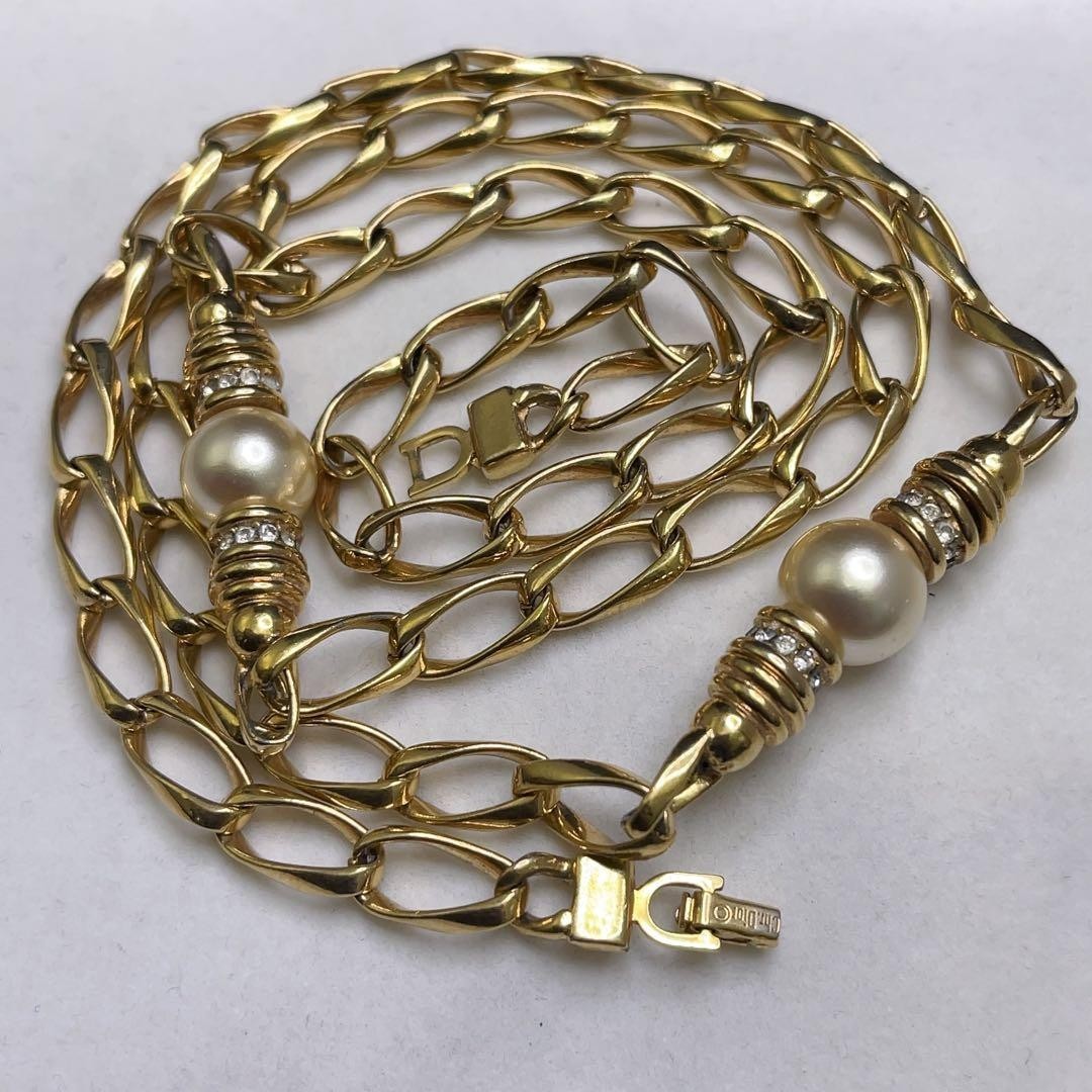 Vintage Christian Dior Gold Plated Faux Pearls Rhinestone Long Chain Necklace