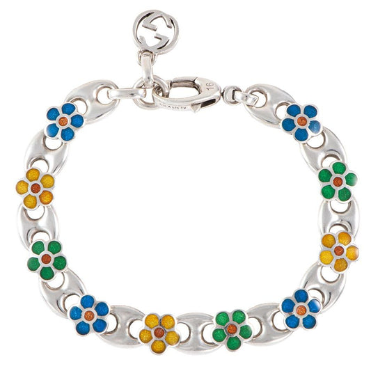 GUCCI Silver 925 Multicolor Flower GG Bracelet Bangle Double G L 16cm 6.3in