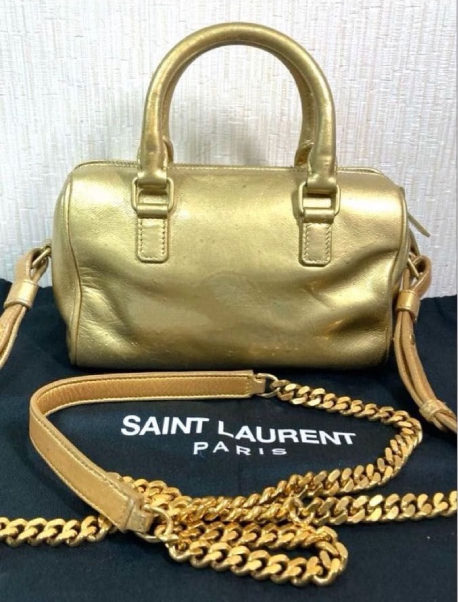 Saint Laurent Baby Duffle Handbag Chain Shoulder Bag 2-Way Gold Leather