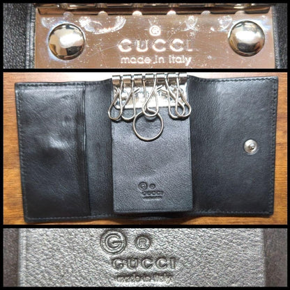 GUCCI GG Microssima 6-Key Case Wallet Black Embossed Leather W6.6cm Used Auth