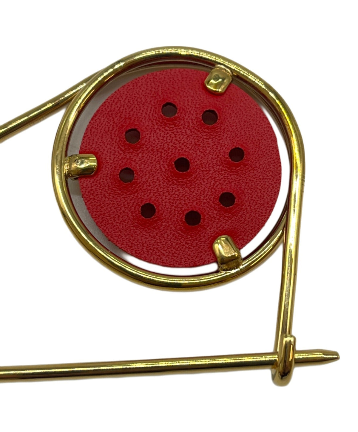 LOEWE Mecano Pin Brooch Red Leather Gold Hardware Round Safety Pin Spain Logo