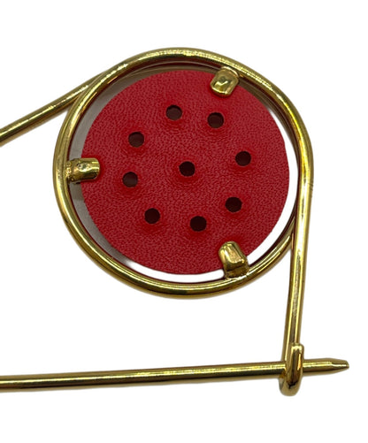 LOEWE Mecano Pin Brooch Red Leather Gold Hardware Round Safety Pin Spain Logo