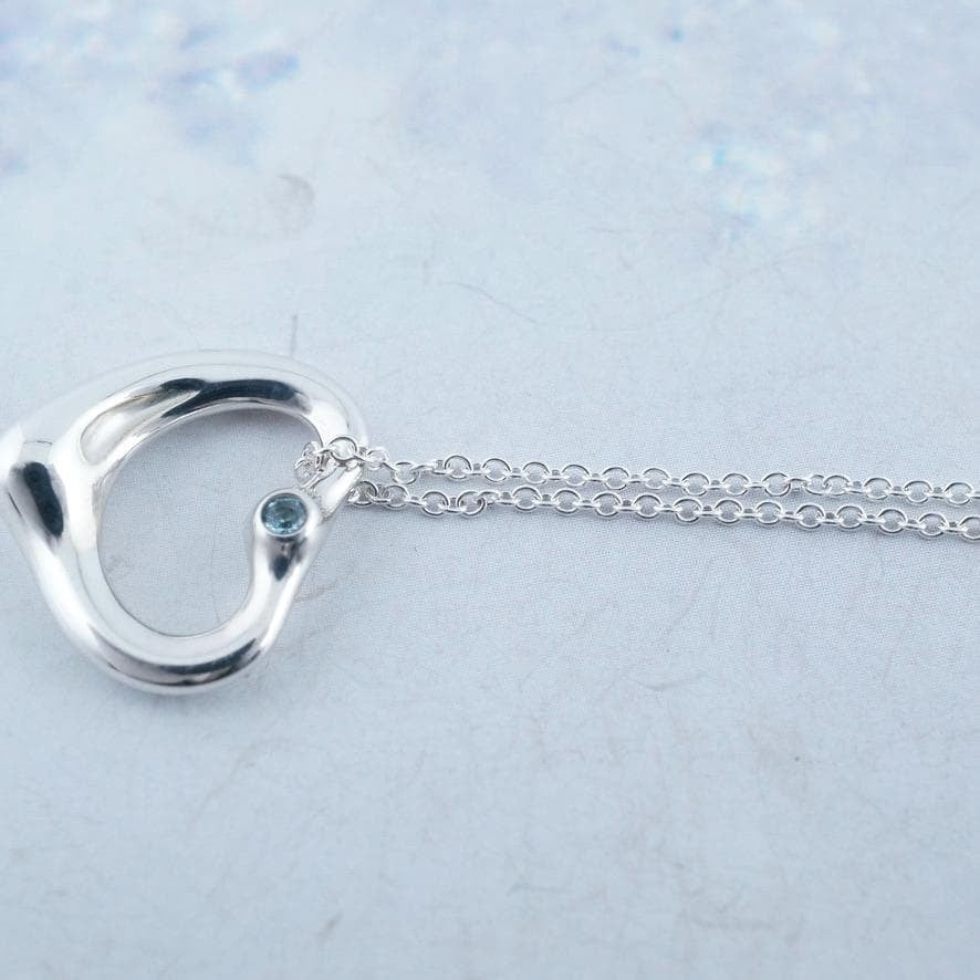 Excellent Tiffany & Co Aquamarine Silver 925 Open Heart Necklace Elsa Peretti