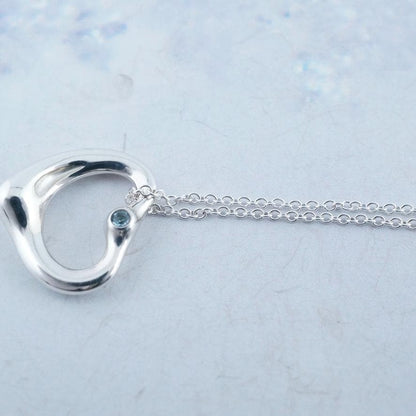 Excellent Tiffany & Co Aquamarine Silver 925 Open Heart Necklace Elsa Peretti