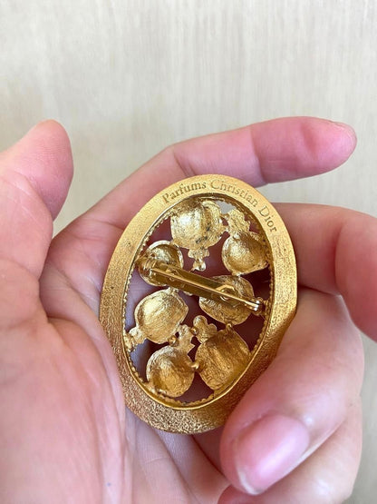 Christian Dior Perfume Bottle Motif Brooch Pin Gold Tone Vintage Oval Jewelry