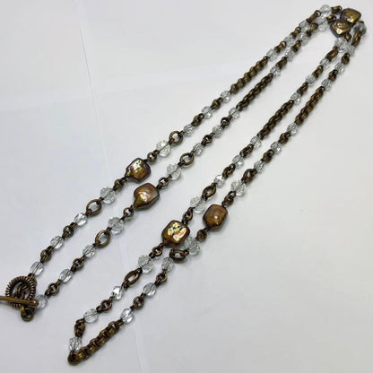 Vintage Stephen Dweck Bronze Pearl Crystal Long Toggle Necklace Used Japan