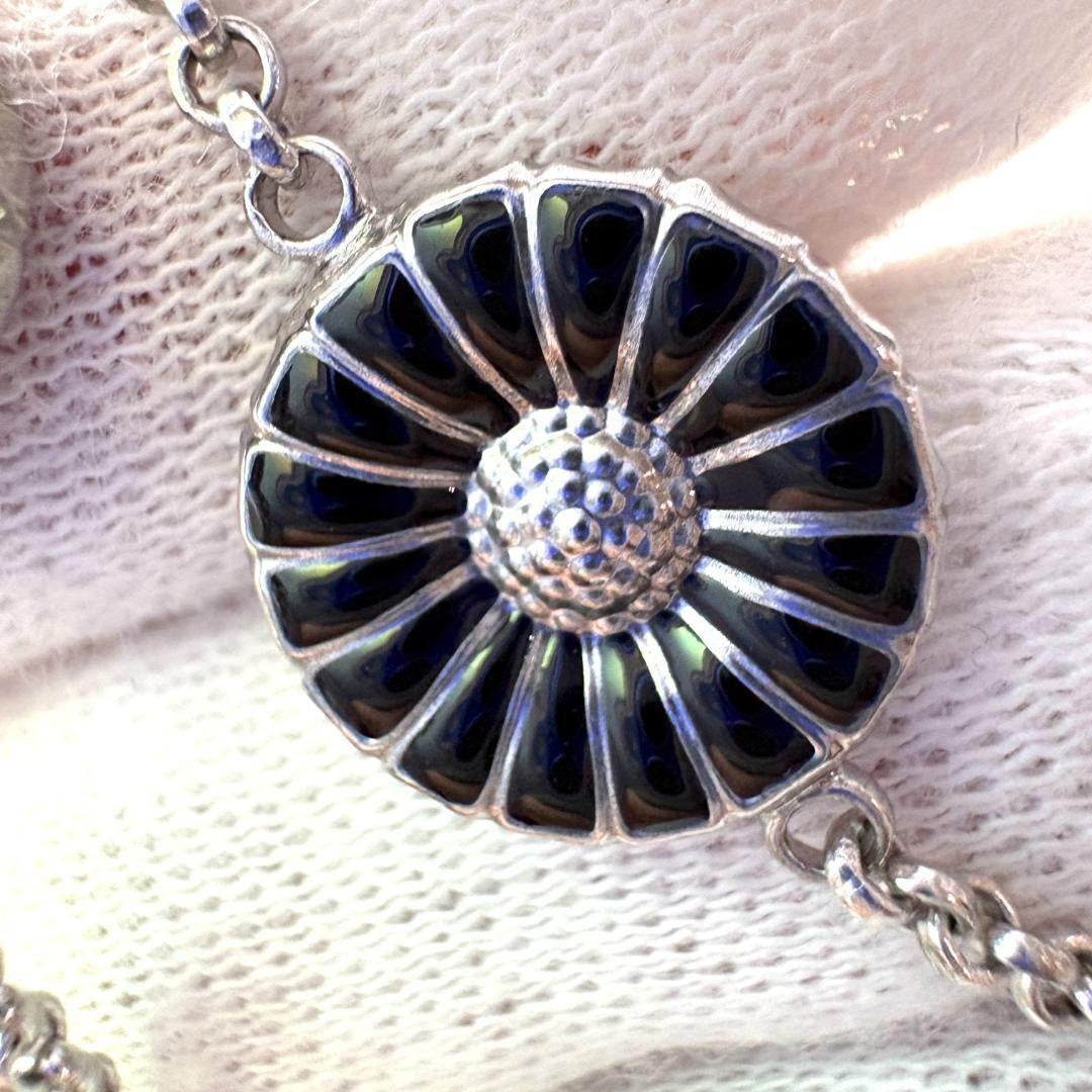 Georg Jensen Sterling Silver 925 Black Enamel Daisy Bracelet L 18.5cm 7.2in