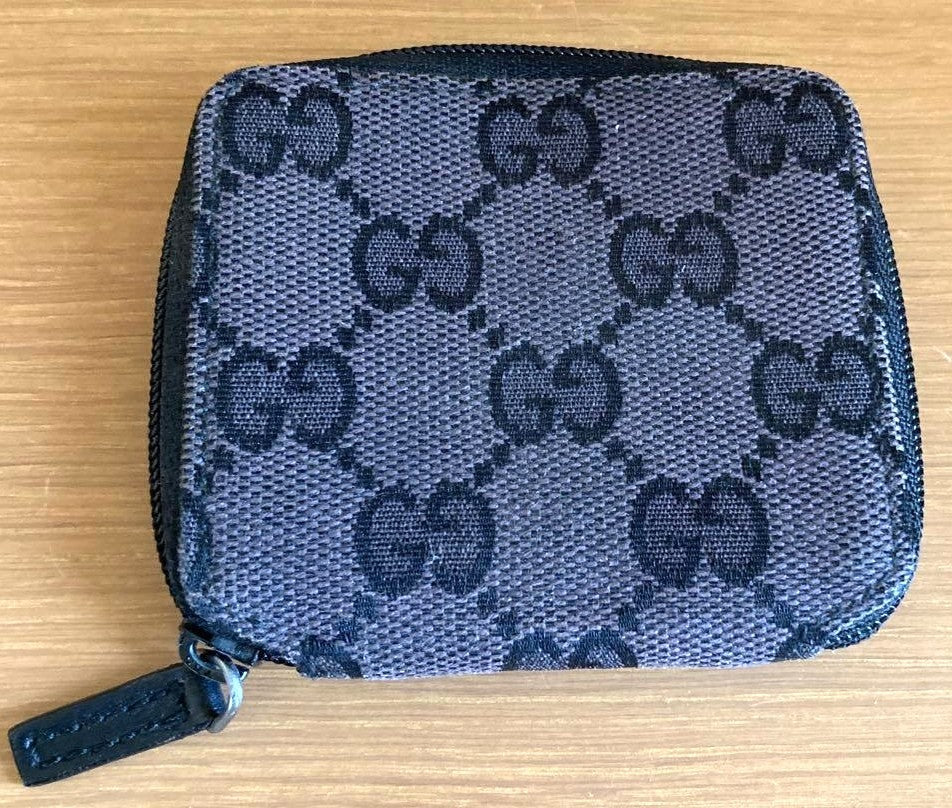 GUCCI GG Canvas Zip Around Coin Case Purse Wallet Black Compact Authentic Used