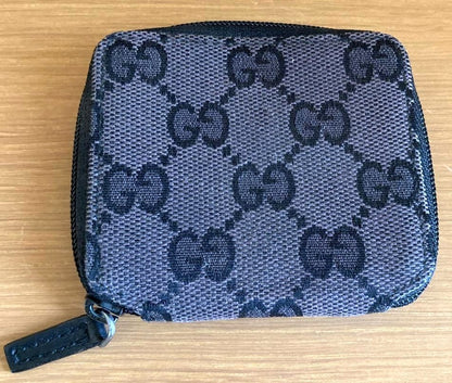 GUCCI GG Canvas Zip Around Coin Case Purse Wallet Black Compact Authentic Used