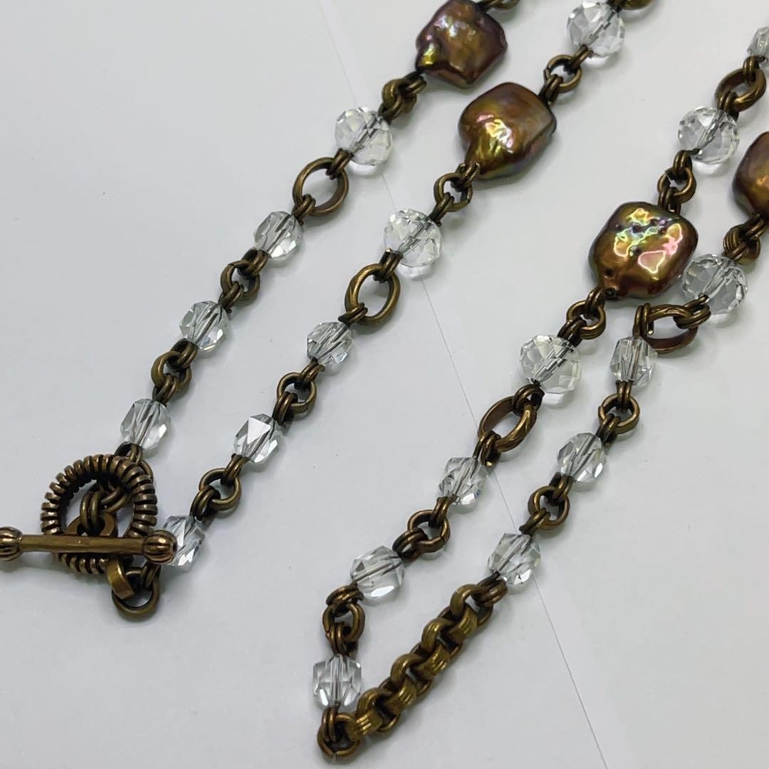 Vintage Stephen Dweck Bronze Pearl Crystal Long Toggle Necklace Used Japan