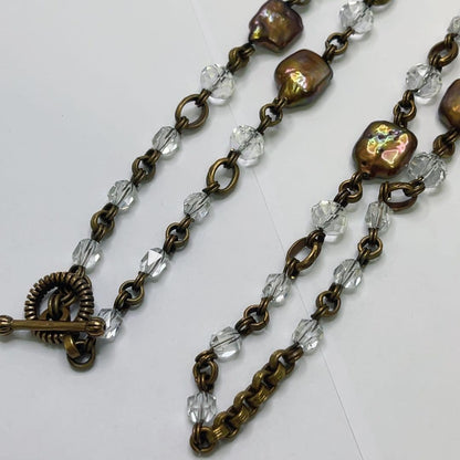 Vintage Stephen Dweck Bronze Pearl Crystal Long Toggle Necklace Used Japan