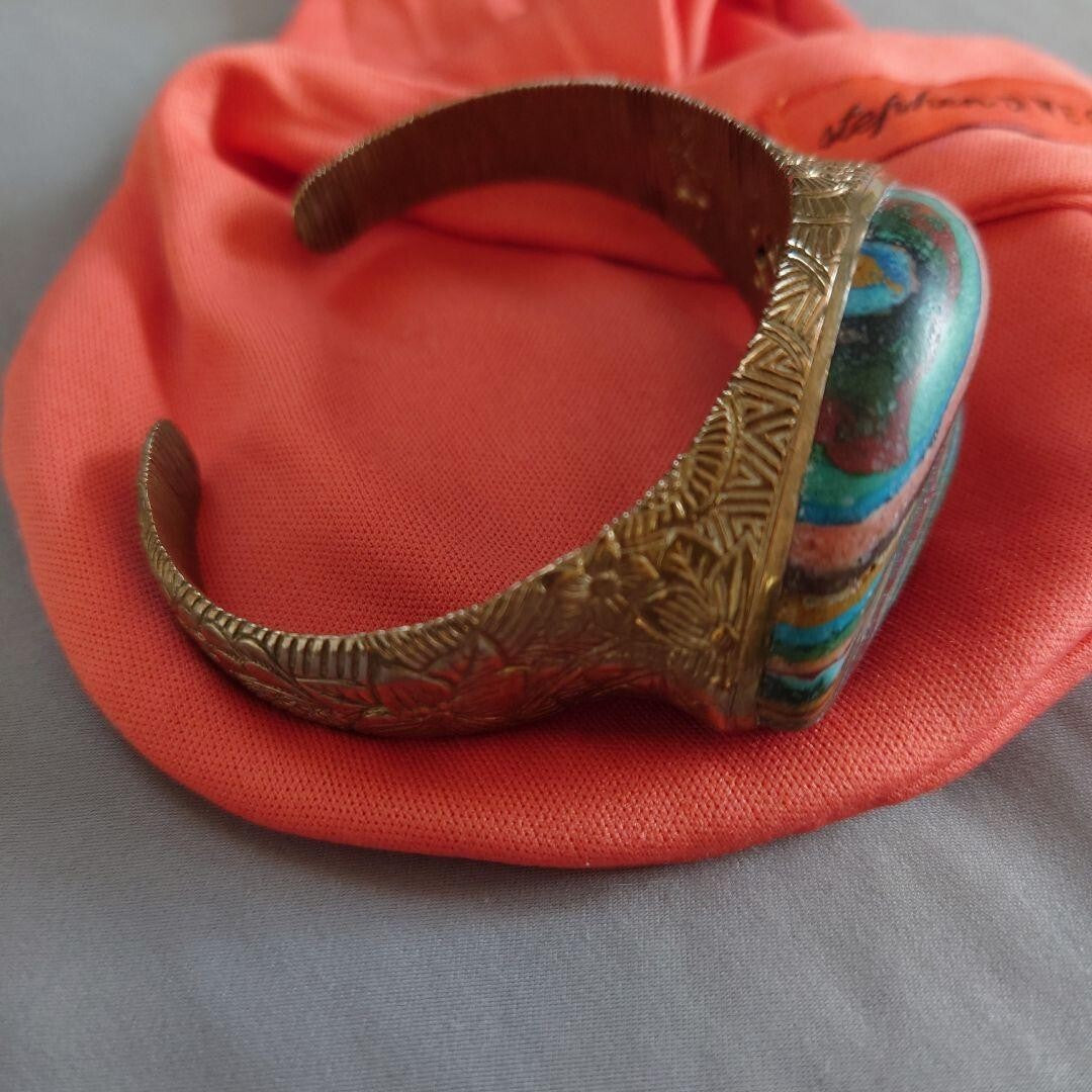 Stephen Dweck Bronze Rare Stone Rainbow Calsilica Bangle Length 7.5" 19cm Used