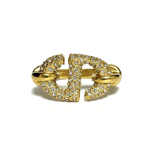 Christian Dior Rhinestone Gold Tone CD Navy Ring Size 51.5 US 5.75 Near Mint