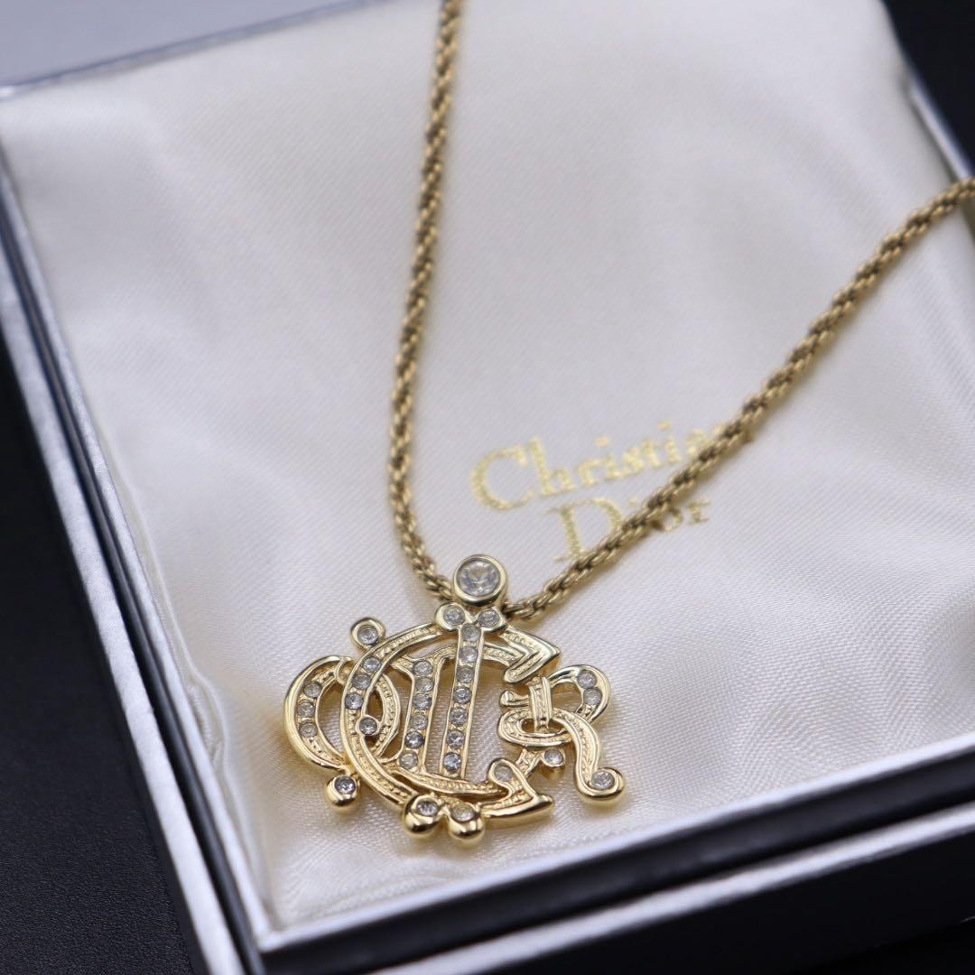 Vintage Christian Dior Old Logo Rhinestone Emblem Gold Tone Chain Necklace