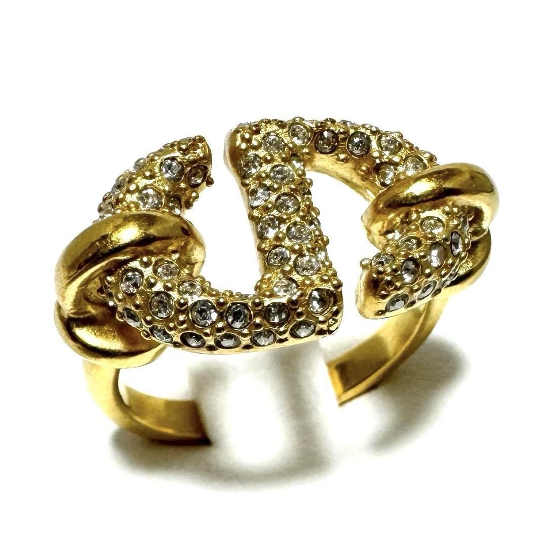Christian Dior Rhinestone Gold Tone CD Navy Ring Size 51.5 US 5.75 Near Mint