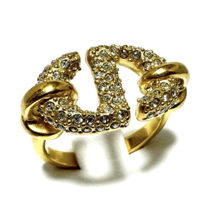 Christian Dior Rhinestone Gold Tone CD Navy Ring Size 51.5 US 5.75 Near Mint