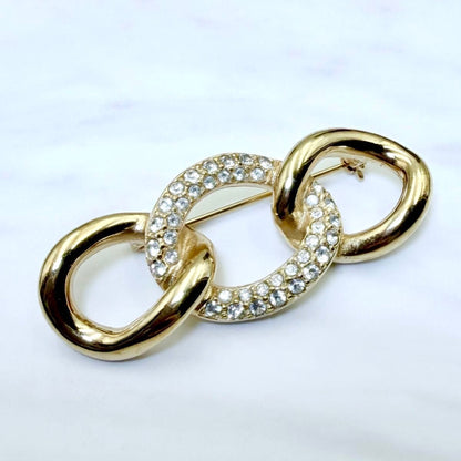Christian Dior Vintage Brooch Gold Tone Chain Link Rhinestone Pin Signed Jewelry