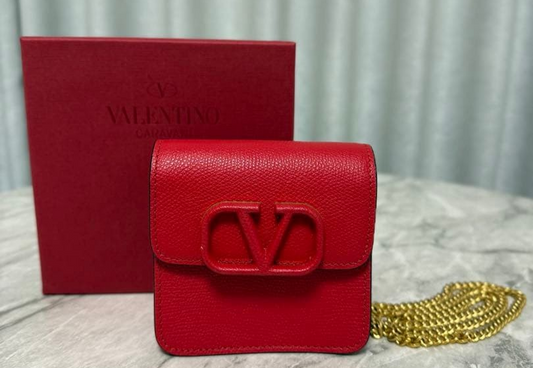 Valentino Garavani Auth V Sling Compact Chain Wallet Red Grain Calfskin Gold