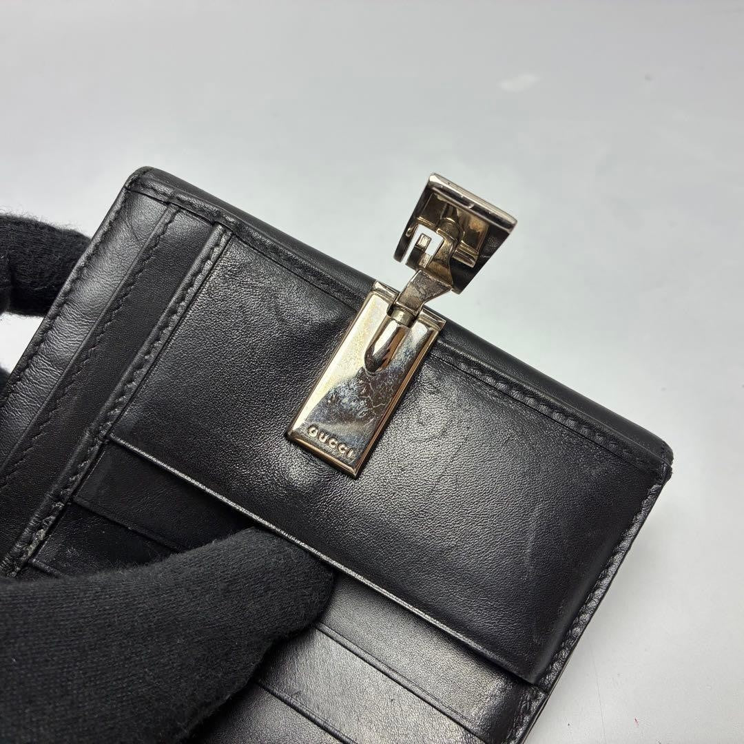 Gucci G Logo Compact Bifold Black Leather Wallet Card Slots Used