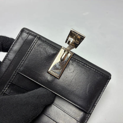 Gucci G Logo Compact Bifold Black Leather Wallet Card Slots Used