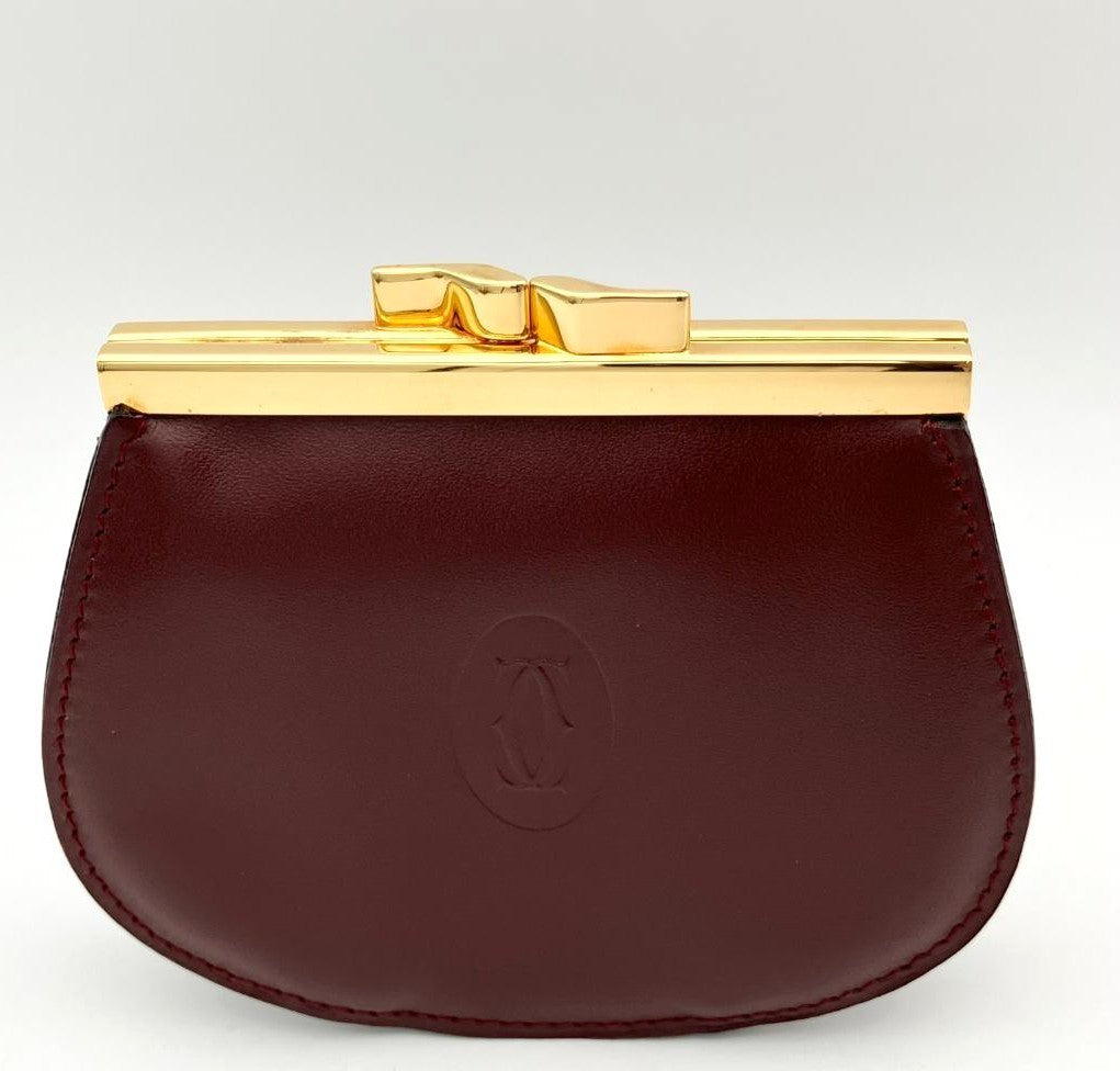 Cartier Must Line Coin Purse Gamaguchi Bordeaux Leather Gold HW 3.9x3.5in.
