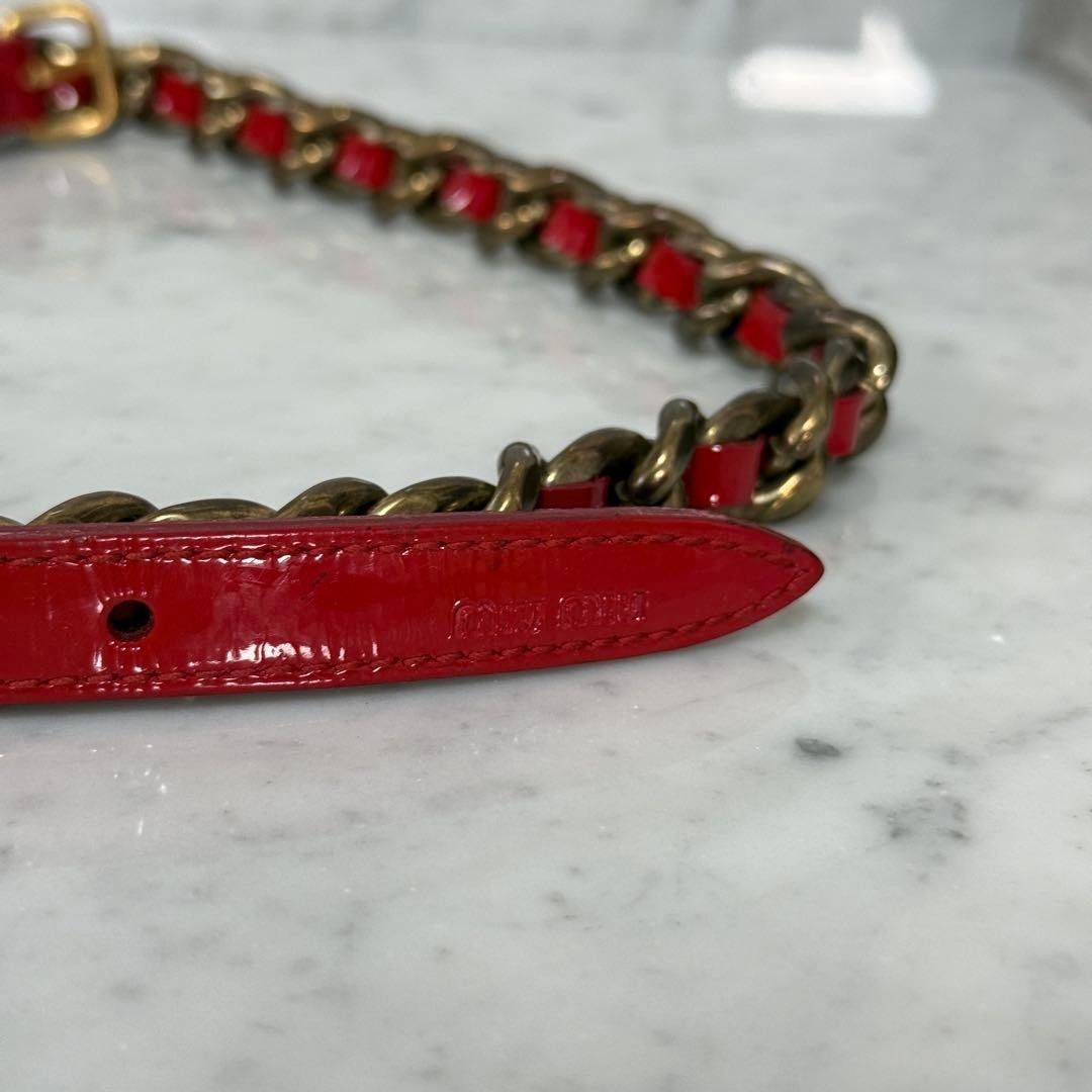 Authentic Miu Miu Red Patent Leather Chain Belt Women L 101cm 39.7in