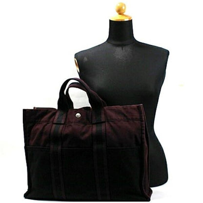 Hermes Authentic Fourre Tout MM Canvas Tote Bag Black Wine Red 43x30x9 cm Used