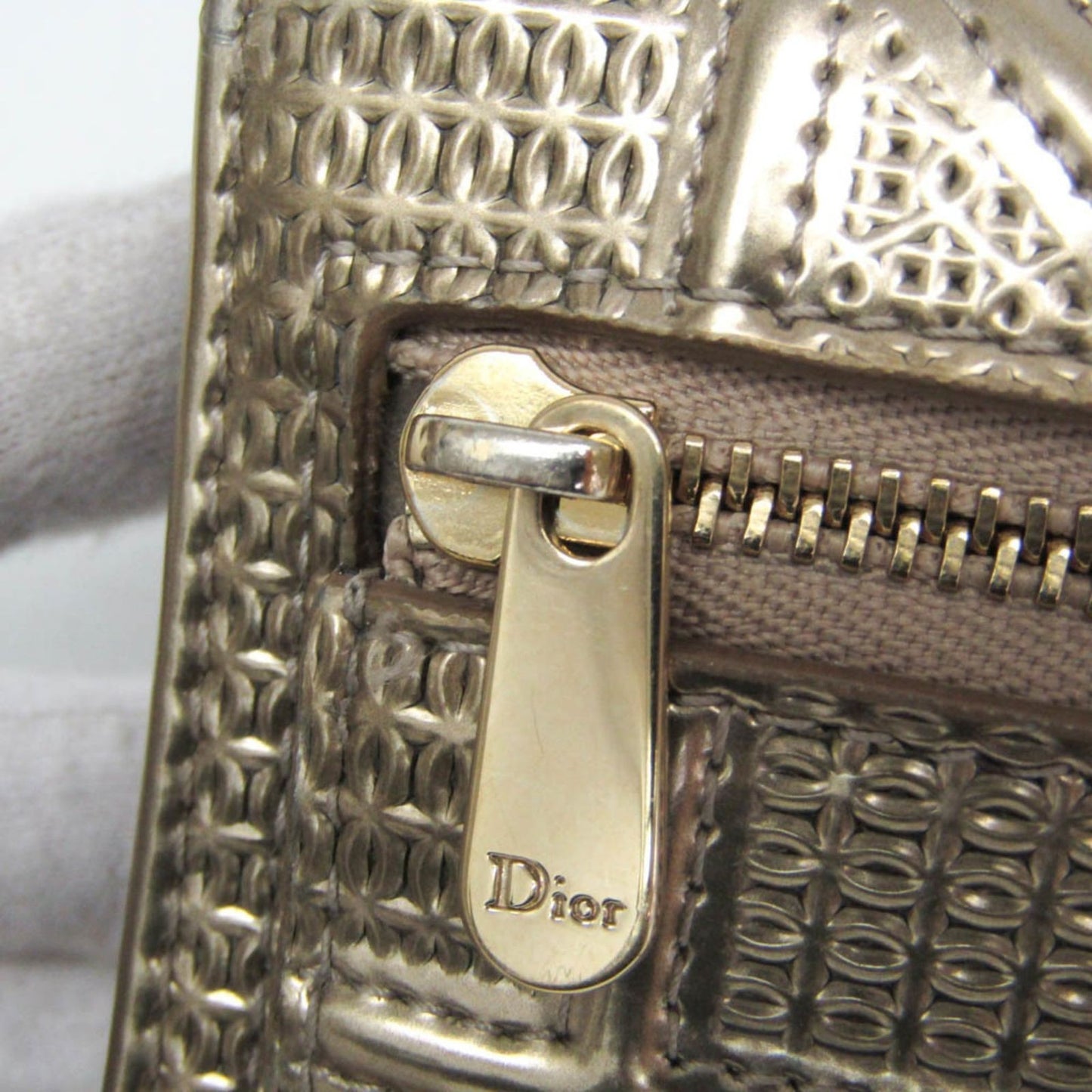 Dior Champagne Gold Micro Cannage Patent Leather Diorama Trifold Wallet Auth