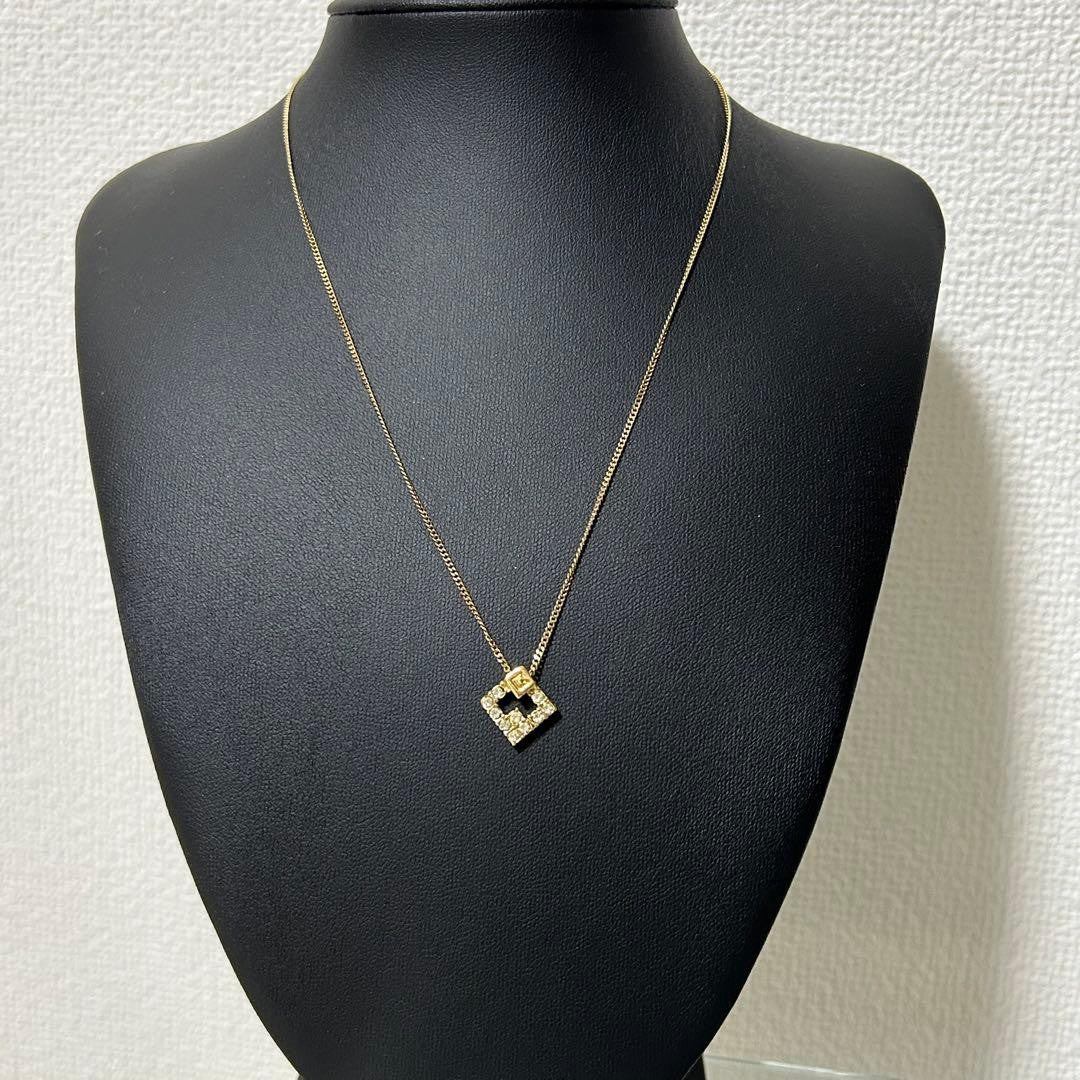 Givenchy Vtg 18KGP Gold Square Rhinestone Necklace 40 cm 15.7" Chain Used Auth