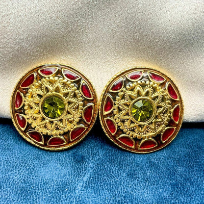 Christian Lacroix Vtg Gold Large Statement Clip Earrings Color Stone Red Used