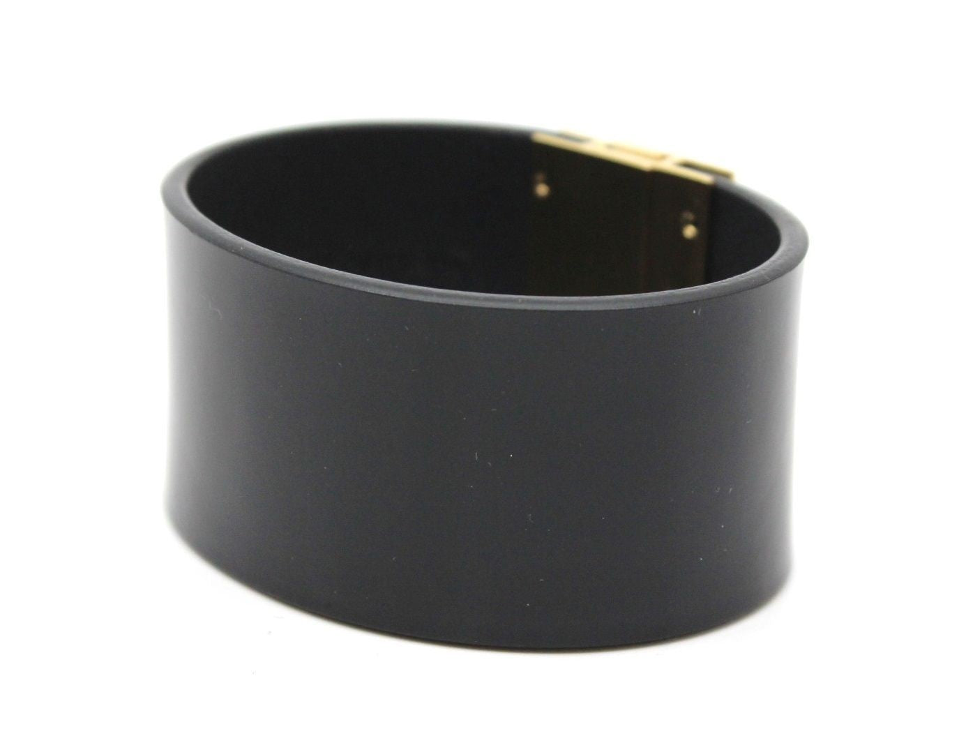 Saint Laurent Enamel Gold Tone Magnetic Closure Leather Bracelet Black Used