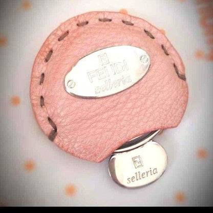 FENDI Selleria Compact Mirror Keychain Pink Leather Silver Hardware Authentic