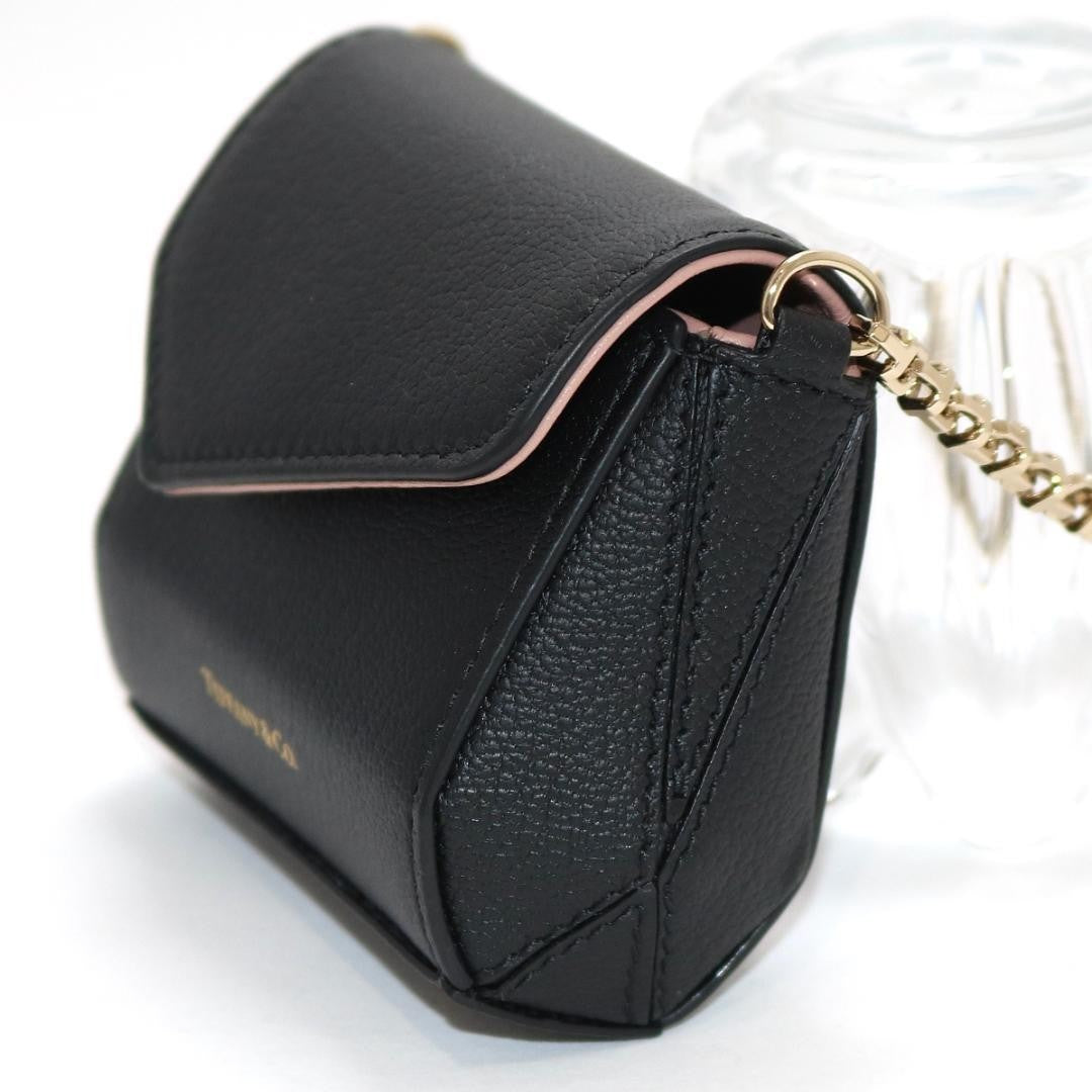 Near Mint Tiffany & Co Leather T Nano Mini Bag Pouch Black Gold Tone Chain