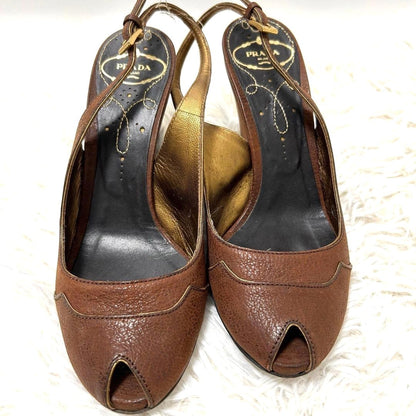 PRADA Brown Leather Peep Toe Slingback Heels Sandals Pumps Size 35.5 Italy Used