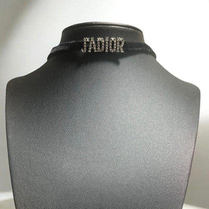 DIOR J'ADIOR Rhinestone Choker Necklace Black Velvet Crystal Logo Adjustable