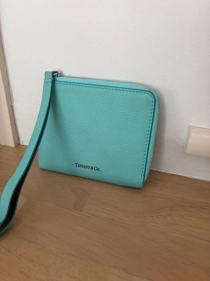 Tiffany & Co Blue Leather Zip Card Case Coin Wallet Used