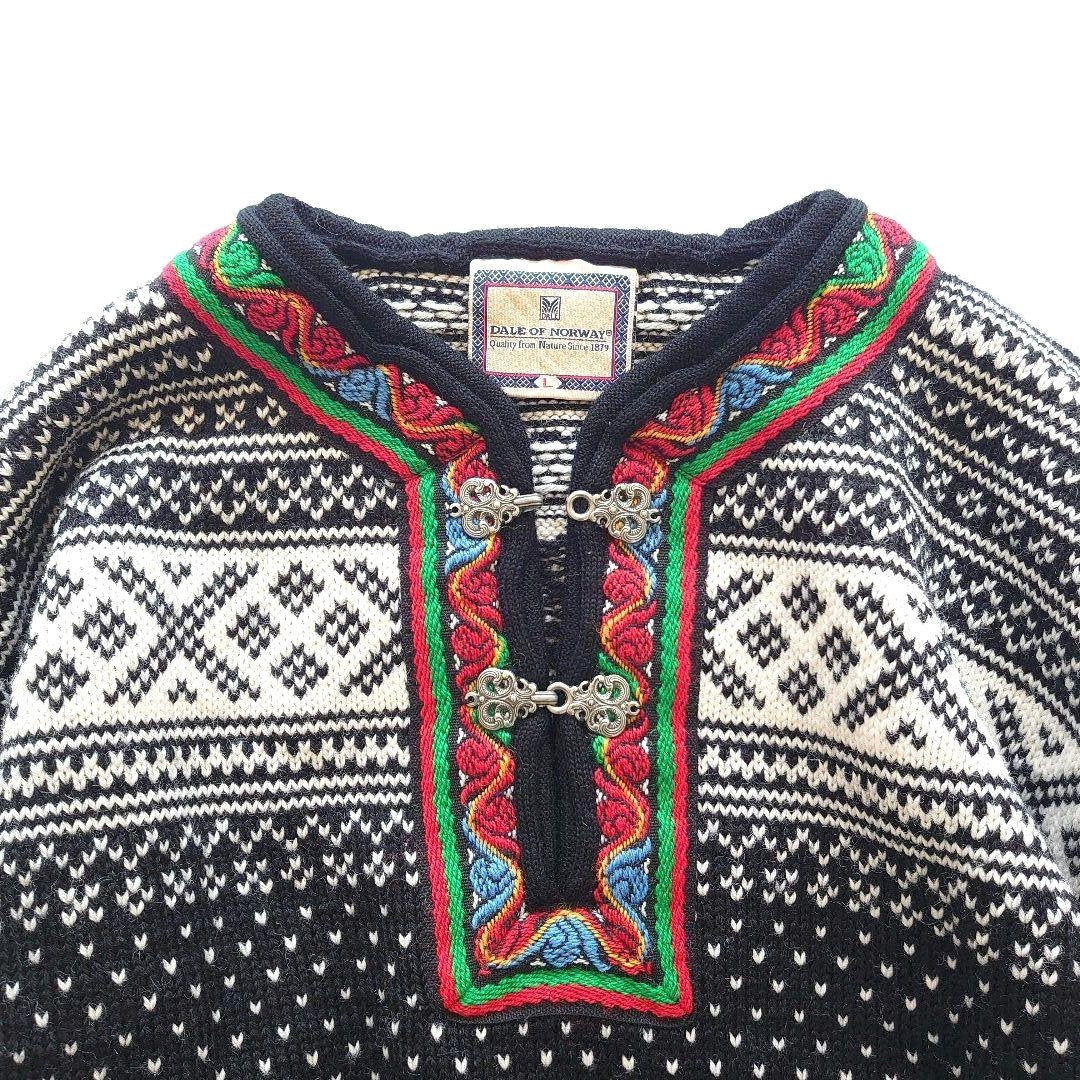 DALE OF NORWAY Nordic Sweater Men's Wool Knit Pullover Black White L Metal Clasp