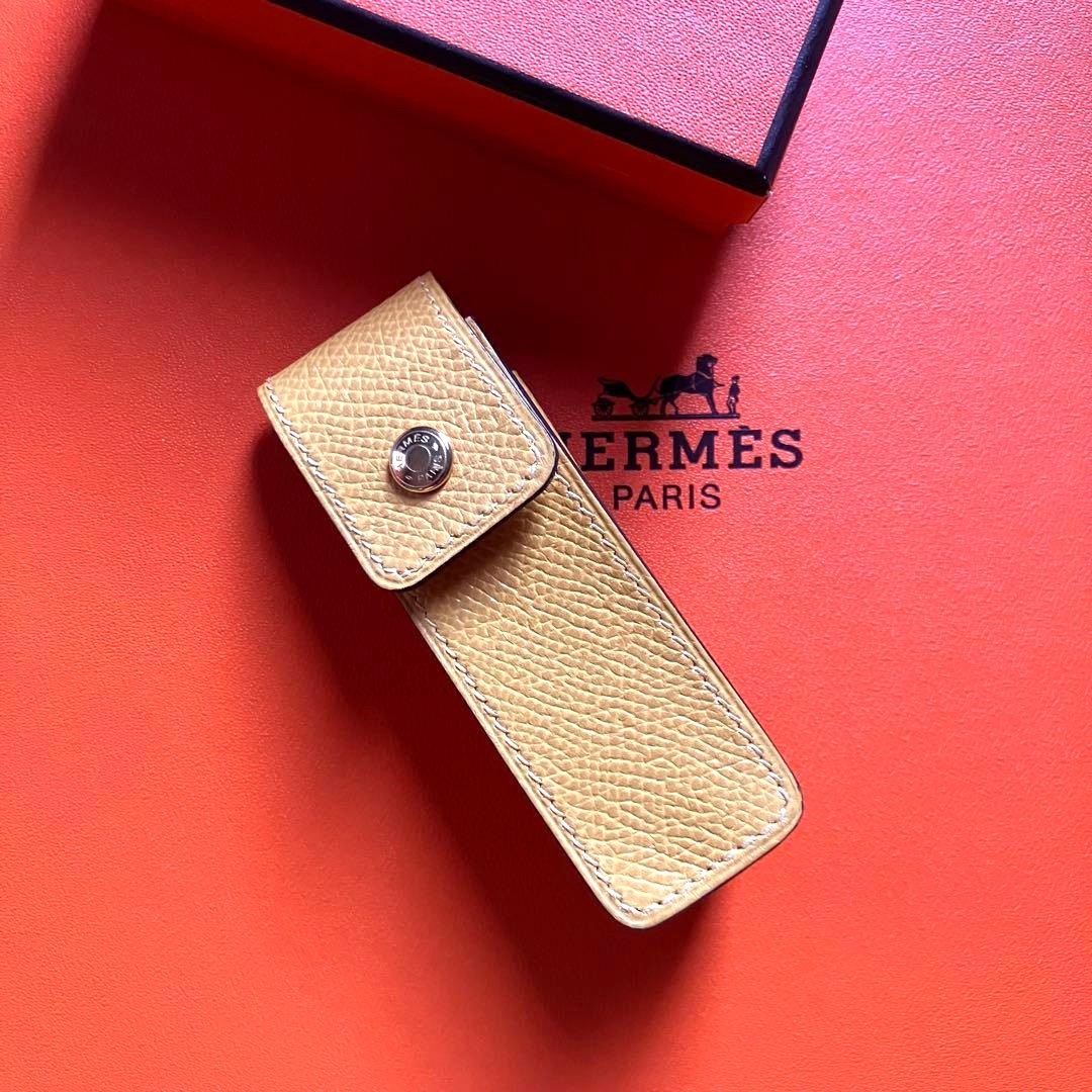 Hermes Auth Leather Lipstick Case Yellow Small Accessory With Box Used