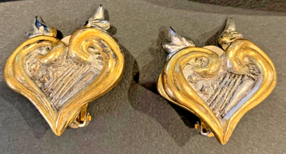 Christian Lacroix Vtg Angel Heart Clip Earrings Silver Gold Combo 2.7x3.2cm Auth