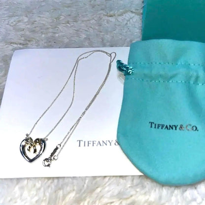 Tiffany&Co. Authentic Open Heart Ribbon Necklace 925 Silver 18K Gold 43 cm 16.9"