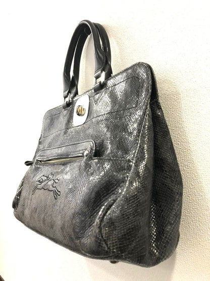 Longchamp Turn Lock Handbag Tote Exotic Leather Gray Silver HW Auth 11x15.7"