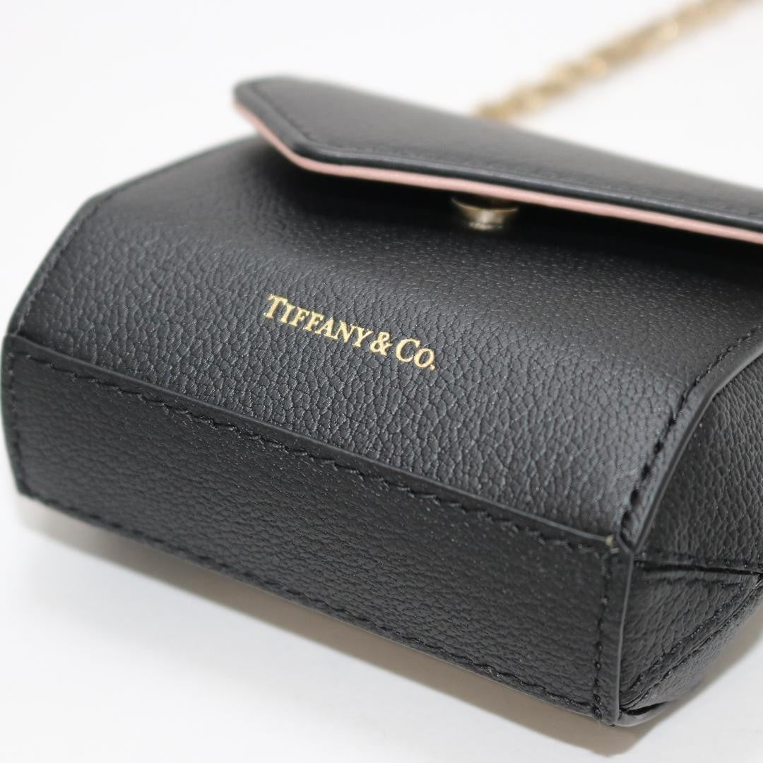 Near Mint Tiffany & Co Leather T Nano Mini Bag Pouch Black Gold Tone Chain