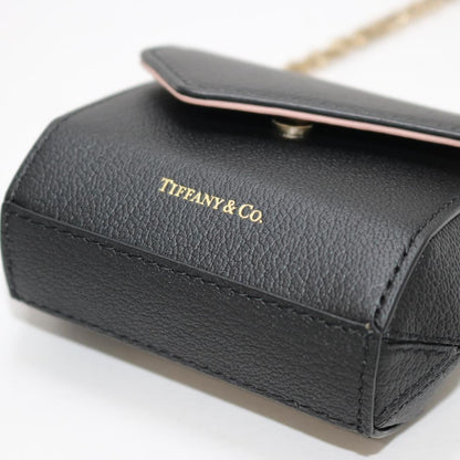 Near Mint Tiffany & Co Leather T Nano Mini Bag Pouch Black Gold Tone Chain