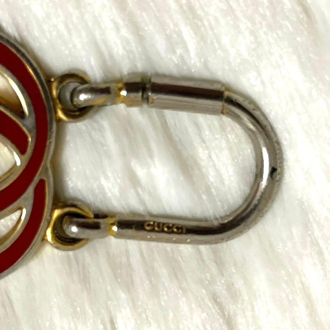 Gucci Auth Old Gucci Double G Logo Red Gold Keychain Bag Charm Key Ring Used