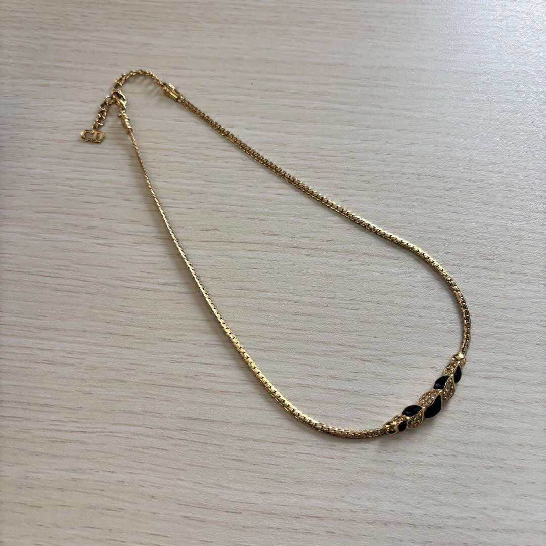 Christian Dior Rhinestone Gold Black Necklace Length 16.5" Used Japan Vintage