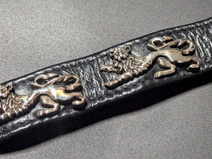 A&G Lion Heart Black Leather Bracelet Silver Tone Lion Motif 10.6in Unisex Used