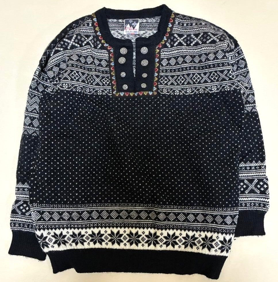 Dale of Norway Nordic Fair Isle Wool Sweater Metal Button Black White Men's L