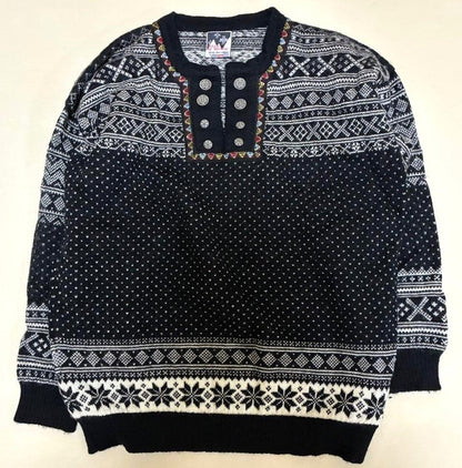 Dale of Norway Nordic Fair Isle Wool Sweater Metal Button Black White Men's L